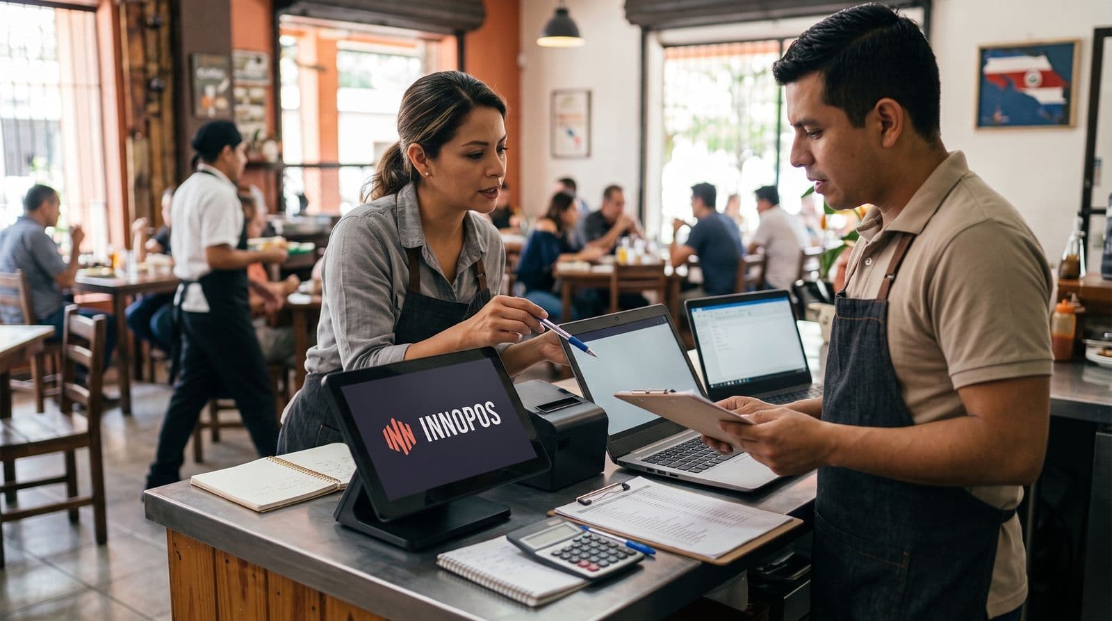 Dueños de restaurante al comparar POS en Costa Rica, con la caja de InnoPOS en el mostrador