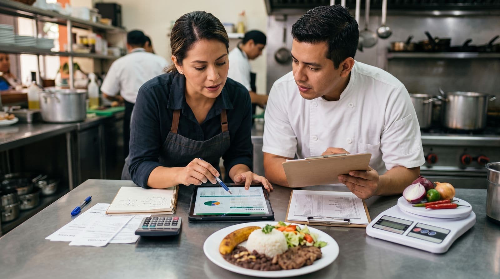 Dueña y chef calculan el food cost del restaurante con balanza, receta y tablet en la cocina