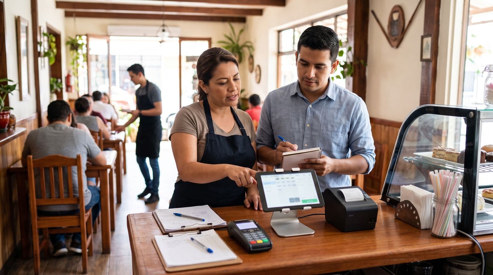 Cajera y administrador usan el POS de un restaurante en Costa Rica con datáfono e impresora térmica